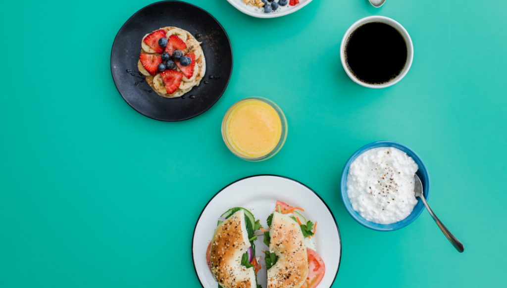 Breakfast food on a turquoise background